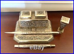 1800s CHINESE STERLING DIP PEN WAX SEAL NIB HOLDER SP DOUBLE INKWELL ANTIQUE