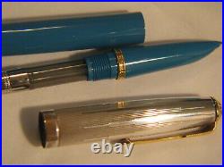 2002 Parker 51 Vista Blue Sterling Silver Gold Empire Fountain Pen In Case