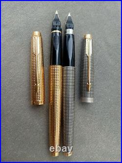 2 Parker 75 Fountain Pens 14K F nib Sterling silver and Diamant 20µ Goldplated