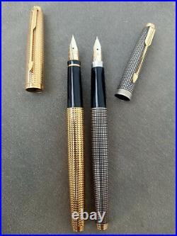 2 Parker 75 Fountain Pens 14K F nib Sterling silver and Diamant 20µ Goldplated