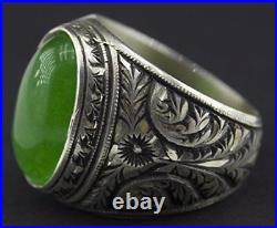 925 Sterling Silver Men Ring, Natural Jade Gemstone, Steel Pen Crafts Handmade