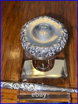 ANTIQUE STERLING SILVER FOUNTAIN PEN W STERLING & GLASS INKWELL Great Desk Gift