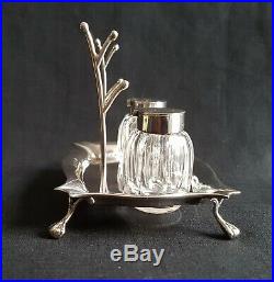 Antique 1902 Sterling Silver Inkstand Pen Rest Crystal Glass Inkwells W Aitken