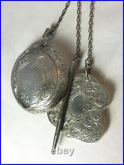 Antique English S Silver Chatelaine withdance card, powder holder & mechanical pen
