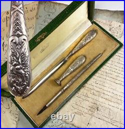 Antique French. 800/1000 Almost Sterling Silver Writer's Set, Dip Pen, Seal ++