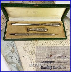 Antique French. 800/1000 Almost Sterling Silver Writer's Set, Dip Pen, Seal ++