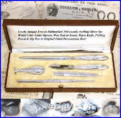 Antique French. 800 (nearly sterling) Silver 5pc Writer's Set Wax Seal, Pen ++