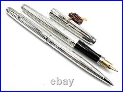 C1983 Parker 75 Florence Fine Sterling Silver Fountain Pen & Ballpoint Set 14k M