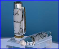 Cambridge Rollerball Pen in Hardite & Sterling Silver TruStone White/Gold Matrix