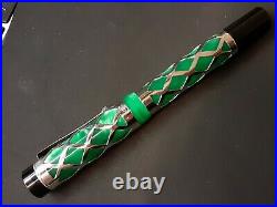 Laban Green Maya Fountain Pen Medium Steel Nib. 925 Sterling Silver Overlay