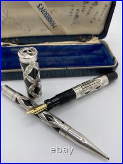 Morrison Sterling Silver Filigree Ring Top Fountain Pen/Pencil Set C 1929