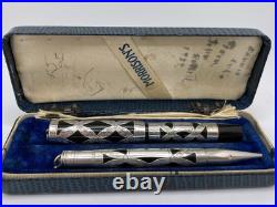 Morrison Sterling Silver Filigree Ring Top Fountain Pen/Pencil Set C 1929