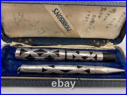 Morrison Sterling Silver Filigree Ring Top Fountain Pen/Pencil Set C 1929