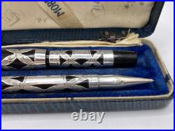 Morrison Sterling Silver Filigree Ring Top Fountain Pen/Pencil Set C 1929
