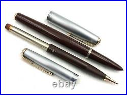 NOS! 1st YEAR 1941 PARKER 51 STERLING SILVER CORDOVAN BROWN DJ FOUNTAIN PEN SET