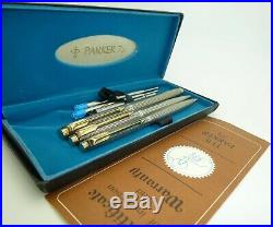 NOS Parker 75 Sterlng Silver Cisele Fountain Pen, Ballpoint, Pencil, Flet Ends