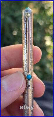 Navajo Sterling Silver Ballpoint Pen Two Turquoise Cabochons Stamped Works Great