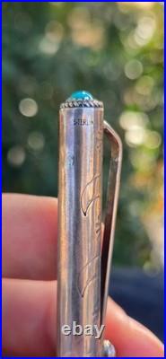 Navajo Sterling Silver Ballpoint Pen Two Turquoise Cabochons Stamped Works Great