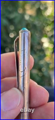 Navajo Sterling Silver Ballpoint Pen Two Turquoise Cabochons Stamped Works Great
