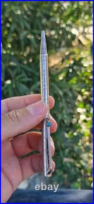 Navajo Sterling Silver Ballpoint Pen Two Turquoise Cabochons Stamped Works Great