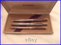 Parker 75 3 Pen Set Grid Pattern Cisele Sterling Silver Close To Mint And Box