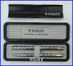 Parker 75 Cisele Crosshatch Sterling Silver Fountain & Ballpoint Pen Set 14K nib