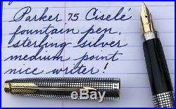 Parker 75 Cisele Sterling Silver Fountain Pen Medium 14K Nib Dished Tassies