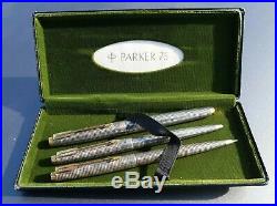Parker 75 Sterling Silver Cisele Triple Set Medium Nib Converter Case Serviced
