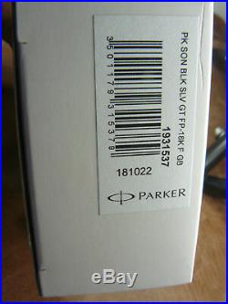 Parker Sonnet Sterling Silver Cisele/black Fountain Pen 18k Fine Nib New In Box