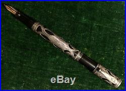RARE OVERSIZED STERLING OVERLAY 415 Watermans Safety Pen with flex 14K No. 5 Nib