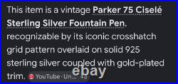 RARE PARKER 75 CISELE STERLING & 14K gold nib, FOUNTAIN PEN. Lifetime Warranty