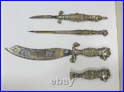 Rare Antique Lion Head Sterling Silver Handle Dip Pen, Knives & Wax Seal Set