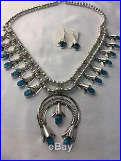 Rare Navajo Sterling Silver Squash Blossom SB Turquoise Necklace Naja Pen Yazzie