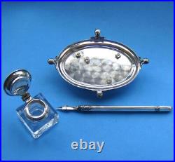 SUPERB Vintage Sterling SILVER Inkwell & Dip Pen Set in Claw Footed SILVER Stand