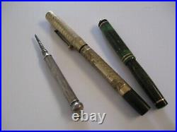 Salz Antique Fountain Pen 14k Gold Nib Sterling Silver Pencil Swirled Green Lot