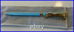 TIFFANY & Co. Aqua Blue Ballpoint Pen, Gold Tone Ribbon/Bow Clip, orig. Flannel