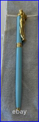 TIFFANY & Co. Aqua Blue Ballpoint Pen, Gold Tone Ribbon/Bow Clip, orig. Flannel