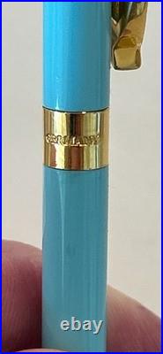 TIFFANY & Co. Aqua Blue Ballpoint Pen, Gold Tone Ribbon/Bow Clip, orig. Flannel