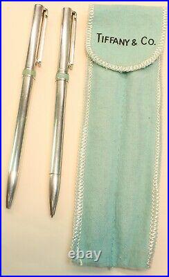 Tiffany Blue Enamel Pen/Pencil Set With Pouch Sterling Silver Excellent