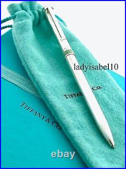 Tiffany & Co Ballpoint Pen T Clip Silver Blue Band with Pouch Box + Extra Refill