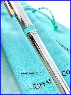 Tiffany & Co Ballpoint Pen T Clip Silver Blue Band with Pouch Box + Extra Refill