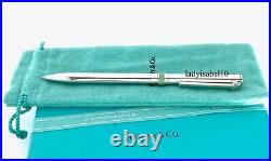 Tiffany & Co Ballpoint Pen T Clip Silver Blue Band with Pouch + Extra Refill USA