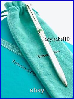 Tiffany & Co Ballpoint Pen T Clip Silver Blue Band with Pouch + Extra Refill USA