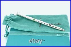 Tiffany & Co Ballpoint Pen T Clip Silver Blue Band with Pouch + Extra Refill USA