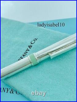 Tiffany & Co Ballpoint Pen T Clip Silver Blue Band with Pouch + Extra Refill USA