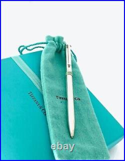 Tiffany & Co Ballpoint Pen T Clip Silver Blue Band with Pouch + Extra Refill USA