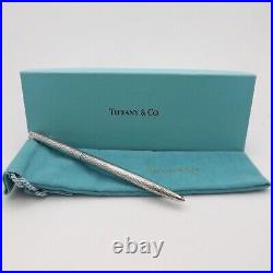 Tiffany Co Sterling Silver Ballpoint Purse Pen Cross Pattern Box Pouch Blue Ink