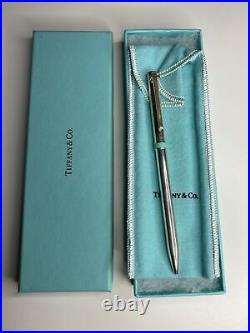 Tiffany & Co. Sterling Silver T-Clip Ballpoint Pen with Blue Enamel Detail. 925