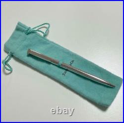 Tiffany & Co. T Clip Ballpoint Pen Sterling Silver Blue Accent with Cloth Bag YI