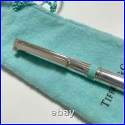 Tiffany & Co. T Clip Ballpoint Pen Sterling Silver Blue Accent with Cloth Bag YI